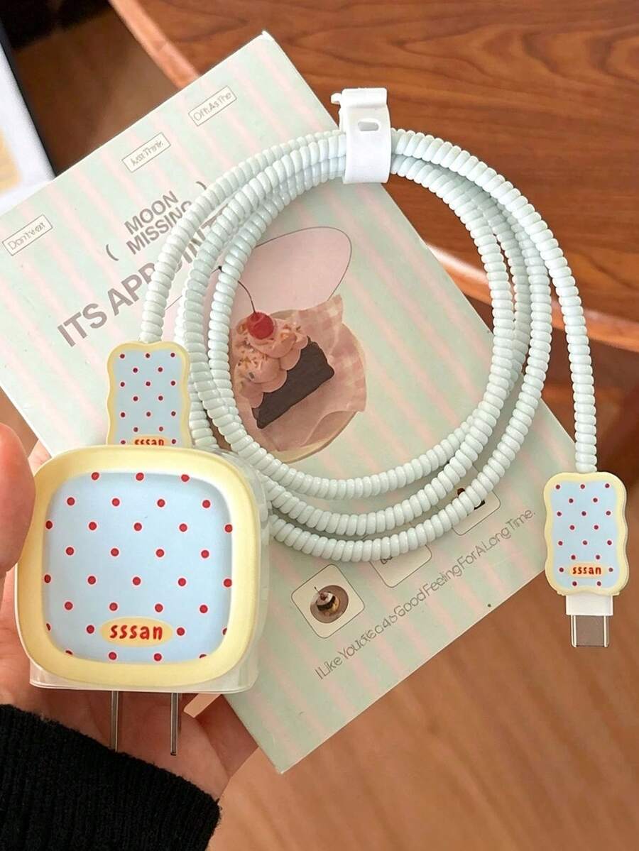 1PC Light Blue Red Polka Dot Cookie Style Charger Protector Set, Wavy Edge Charger Head Case + Matching Pattern Data Cable Connector Sleeve + Light Blue Spiral Protector Rope, Compatible With 40W 20W Charger Head, Retro Cute Girl Charging Accessories, Suitable As Birthday Gift, Holiday Gift For Friends, Family, Couples, Yourself - Baby Blue - View 1