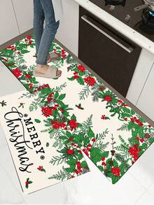 1/2pcs Christmas Kitchen Decor Rug, Christmas Floral & Santa Claus Pattern Winter Kitchen Rug And Mat, Non-Slip Washable Absorbent Kitchen Accessories Decor Mat, Christmas Holiday Gift! - Multicolor - View 5
