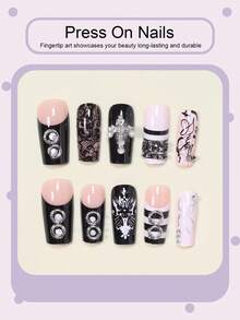 Upgrade Your Look With Y2K Style! 24pcs Medium-Length Square Nail Stickers, Dark Punk Style Nude Base Color With Black And White Striped French Line Pattern, Sparkling Cross Lace Floral Pattern, Rivet Design, Y2K Gothic Style Silver-White Bow Line Pattern, Full Coverage Fake Nails, Pointed White Polka Dot, Includes 1pc Jelly Glue And 1pc Mini Nail File, Jelly Glue Randomly Shipped - Multicolor - View 2