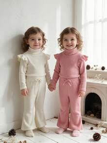 4pcs Baby Girl Soft Minimalist Gentle Style Frill Trim High Neck Flutter Sleeve Long Sleeve Top With Bow Waist Flared Long Pants Set, Autumn/Winter - Multicolor - View 4