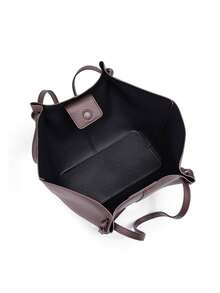 Tote Bag, Wide Body Design With Long Shoulder Strap, Comes With Matching Color Storage Pouch And Pom Pom Charm. Ample Storage Space For Books, Tablets And Other Personal Items, Shoulder Carry, Natural Leather Texture, Minimalist And Timeless, Suitable For Daily Commute And Travel. - Coffee - View 4