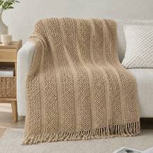 Comfortable Knitted Tassel Throw Blanket - Soft, Lightweight, Ideal For Sofa, Bed And Travel - Beige And Cream Farmhouse Style - Khaki - View 6