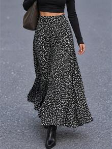 EARO Plus Size Women's Flowy Elegant Ditsy Floral Midi Skirt, Versatile - Black - View 1