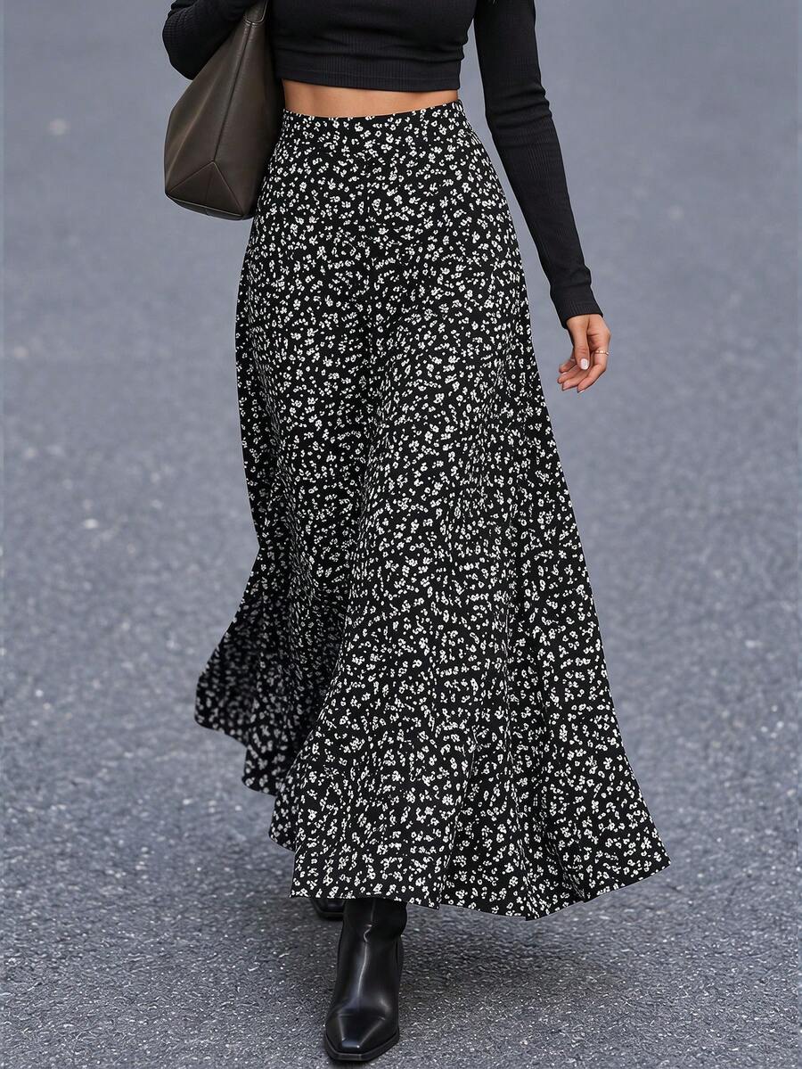 EARO Plus Size Women's Flowy Elegant Ditsy Floral Midi Skirt, Versatile - Black - View 1