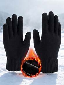 2pcs Winter Warm Set Black Vintage Beret + Solid Color Knitted Full Finger Gloves Outdoor Cold Weather Hat And Gloves 2 Pieces Set - Black - View 8