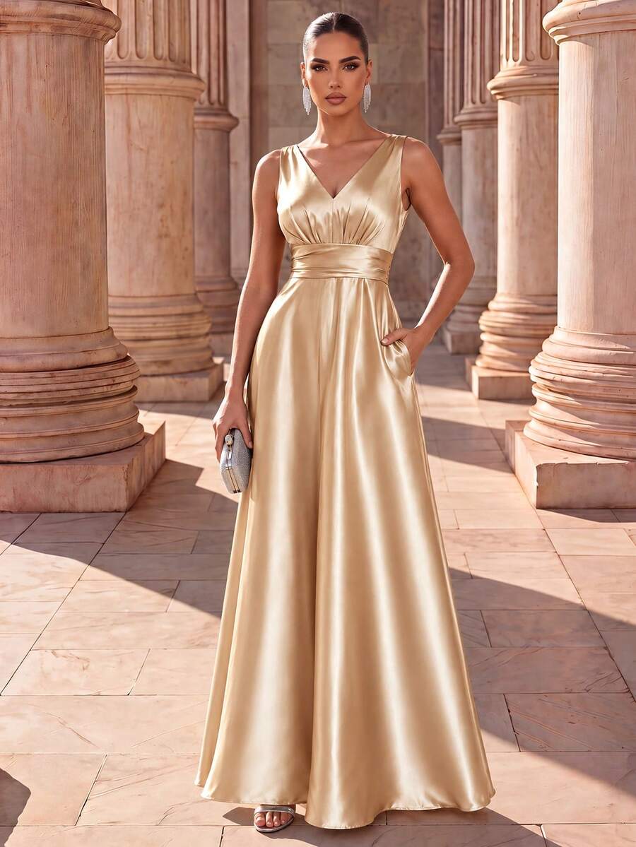 EVERPRETTY Casual Deep V-Neck Champagne Dress