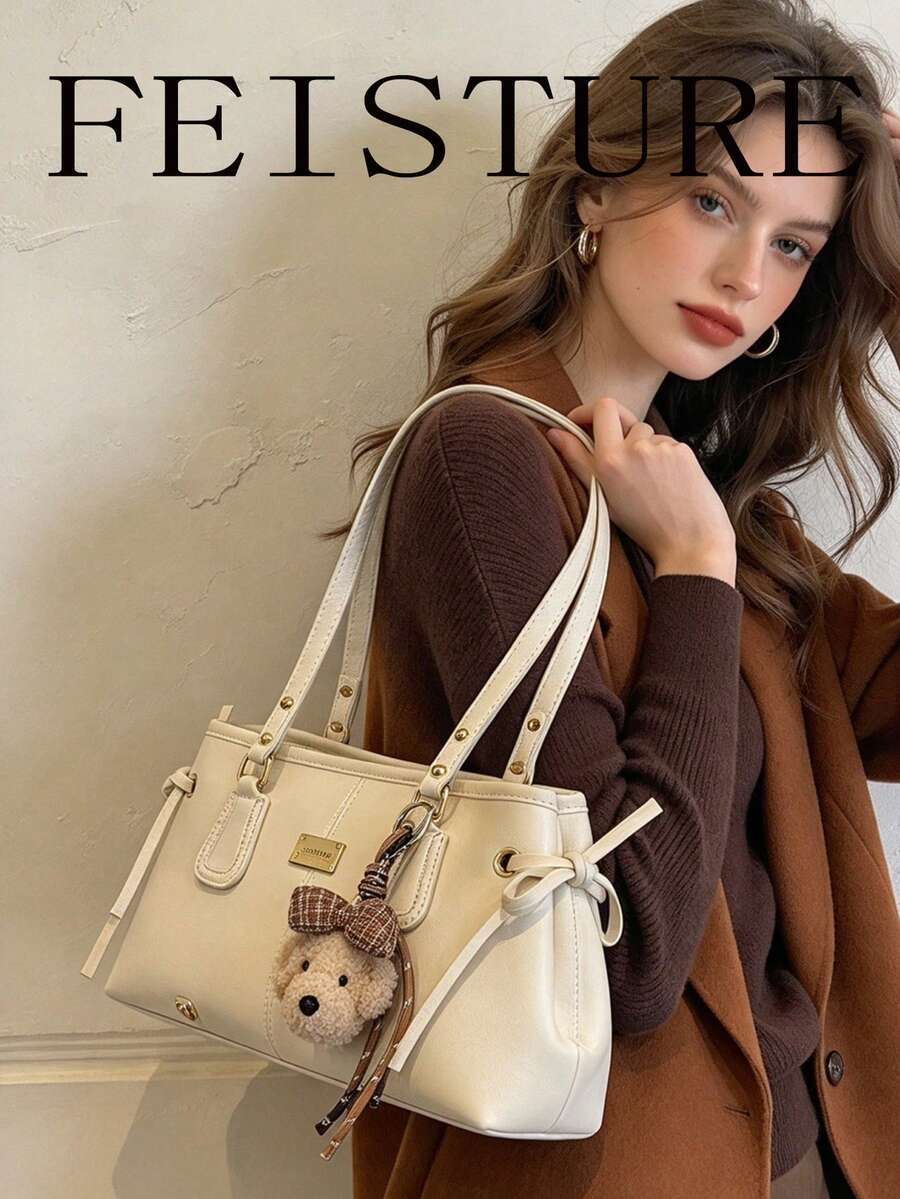 1pc Fashion Lace-Up Shoulder Underarm Bag, Large Capacity Women's Commuter Bag, (Sold With Pendant) Suitable For Daily Outings, Dates, Commuting - White - View 1