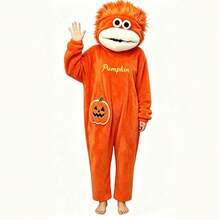 1pc Orange Cartoon Character Pajamas, Plush Full Body Hooded With Pumpkin Pocket, Soft Loungewear Set, Suitable For Teenagers - Multicolor - View 8