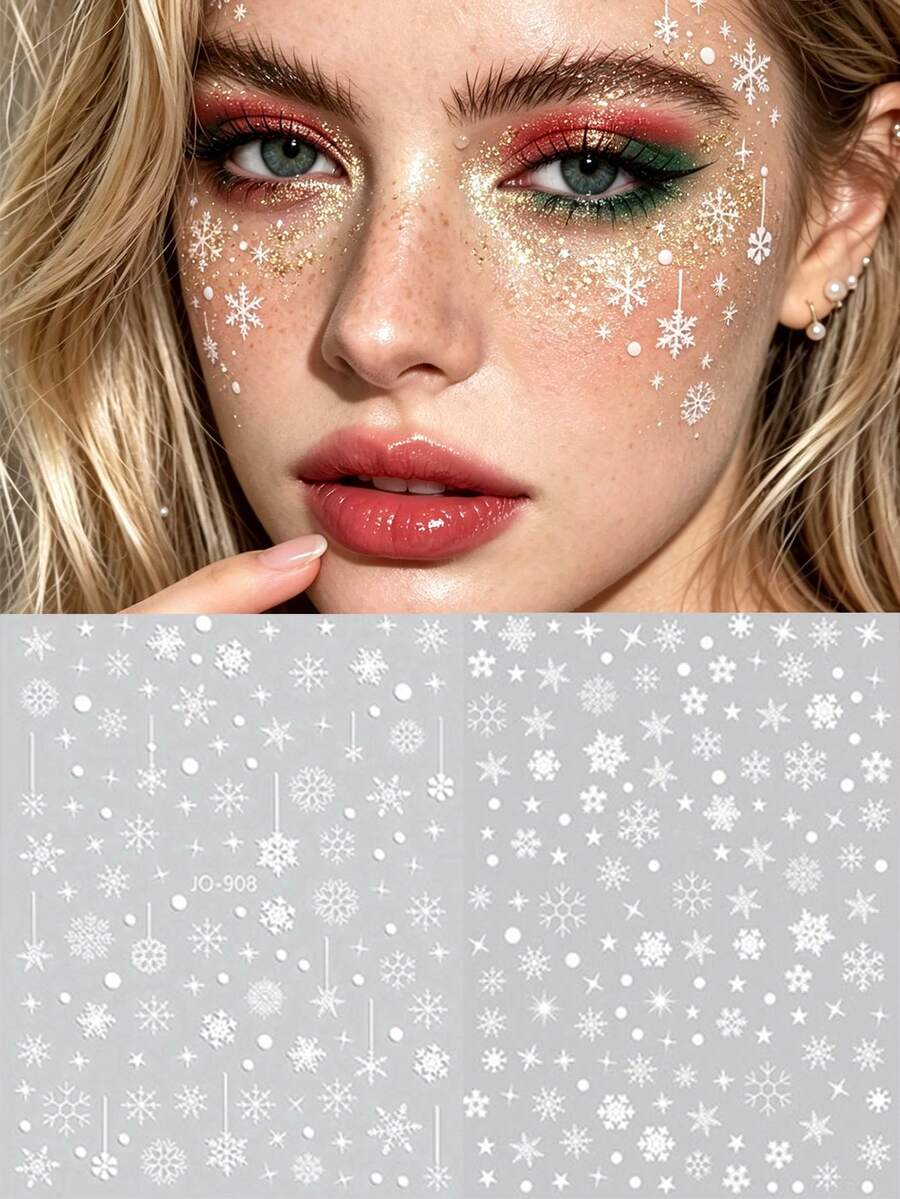 1/2 Sheets Christmas Snowflakes Self Adhesive Face Stickers Rave Accessories Glitter Gems For Face Eye Body Makeup, For Halloween Christmas Rave Accessories Festival DIY Rave Accessories Y2K - White - View 1