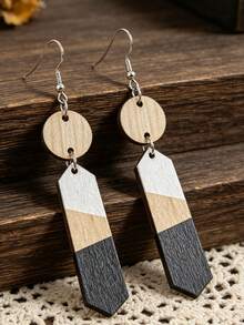 1 Pasang Anting Kayu Geometris Warna Kontras, Anting Minimalis Vintage Bentuk Cakram Bulat & Belah Ketupat - MultiWarna - View 5