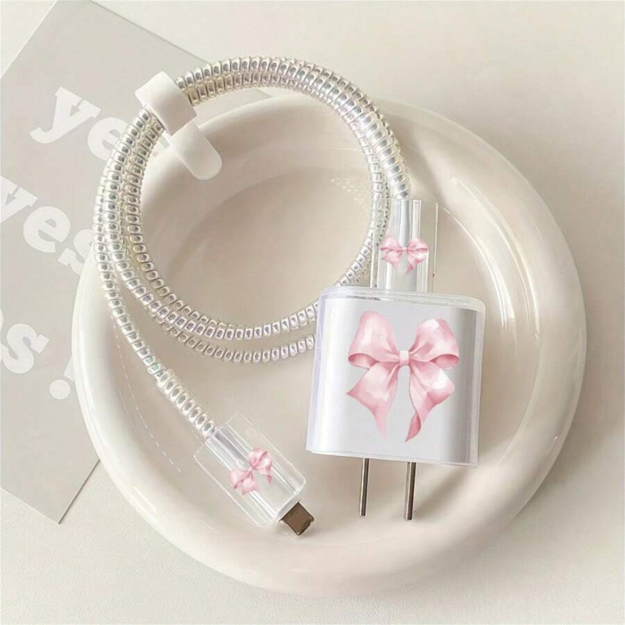 5pcs 2D Flat Design Bowknot Phone Charger Protector Set, Charger Head ...