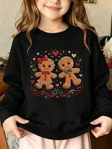 Christmas-Tween Girl Casual Fun Print Crew Neck Long Sleeve Sweatshirt Autumn/Winter Top - Black - View 1