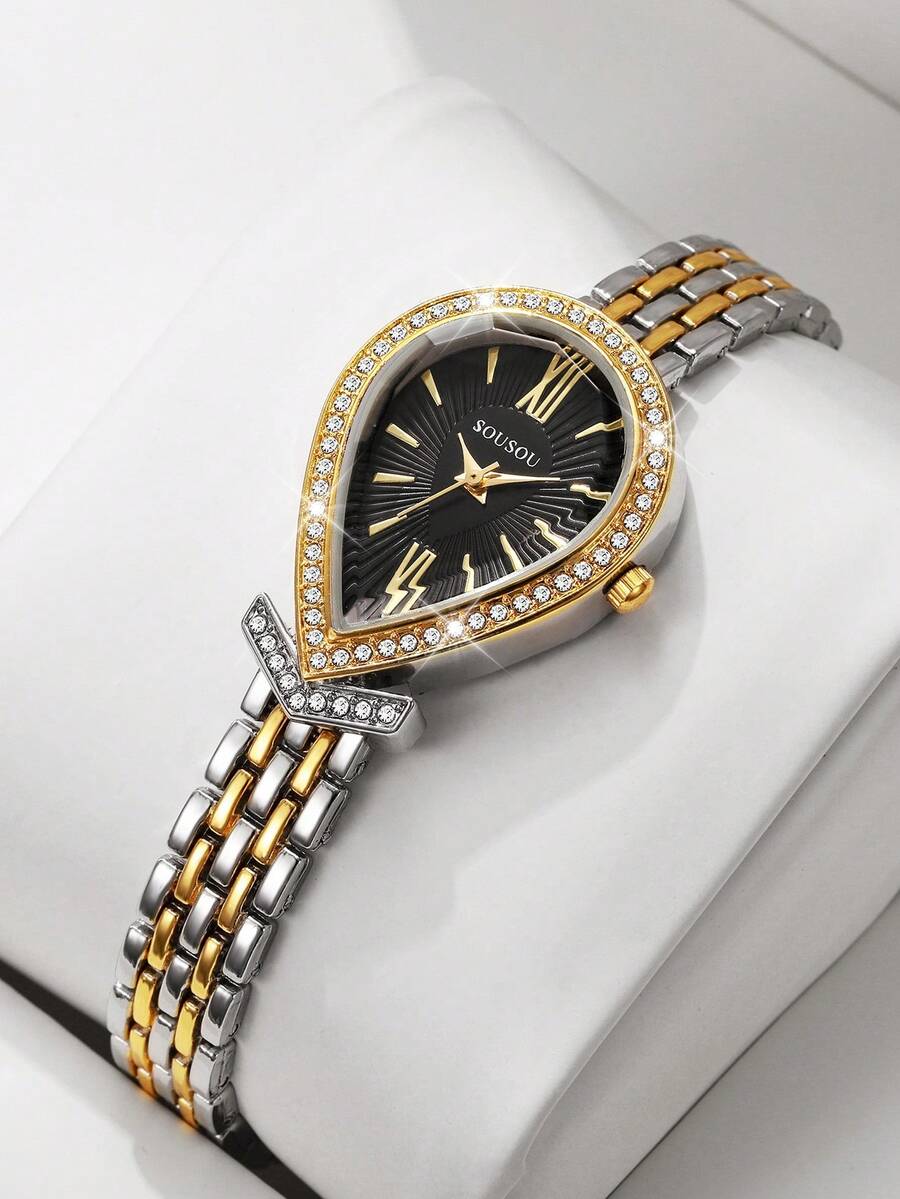 Women's Luxury Rhinestone Teardrop Roman Numeral Dial Quartz Watch, Elegant Two-Tone Alloy Band Wristwatch, Gift For Girlfriend (1pc/Set) Watch Box Not Included - Multicolor - View 1
