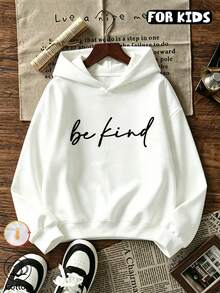 Tween Girl Minimal Slogan Graphic Hoodie, Girls Be Kind Letter Hooded Pullover - White - View 10