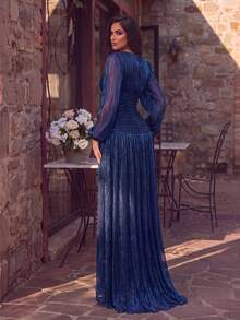 Romantic Women's Long Metallic Knit Keyhole Neckline Backless Maxi Dress, Flared Hem, Elegant Waist, Suitable For Special Occasions, Balls And Parties - Royal Blue - View 2