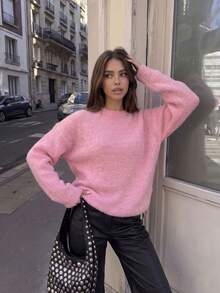 Women's Pink Cute Pullover Sweater, Ribbed Detail, Long Sleeve Crew Neck Regular Fit, Autumn/Winter Fashion Top - Pink - View 1