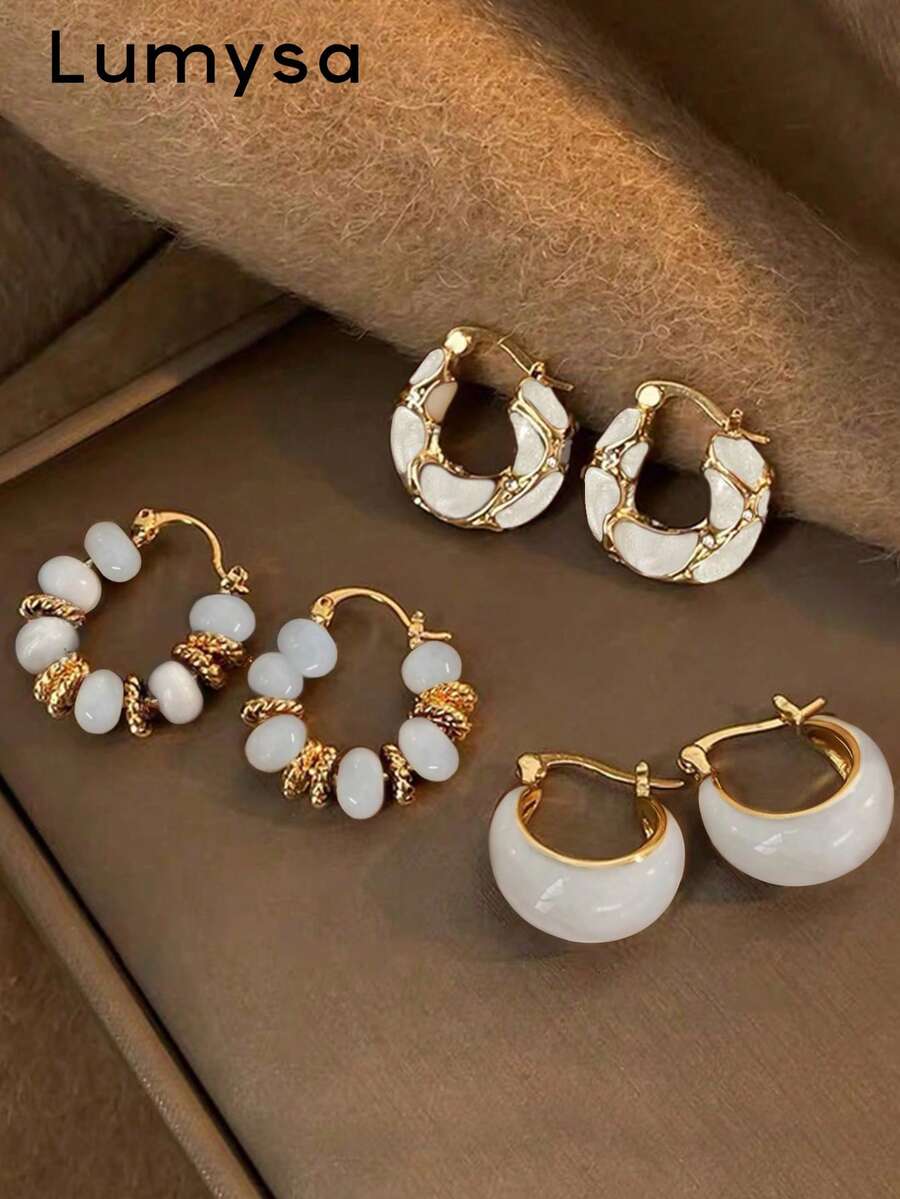 3 Pairs Vintage Elegant Gentle White Resin Inlaid Women's Drop Earrings Set, Suitable For Daily, Party, Ball Wear, Autumn/Winter