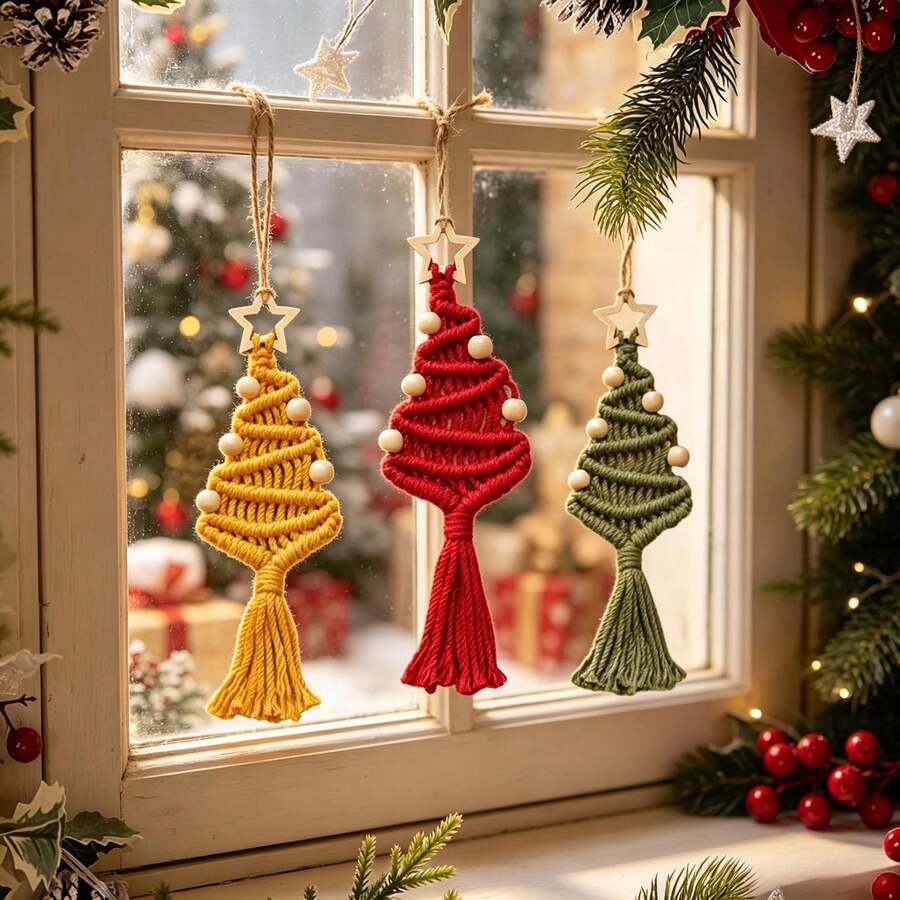 1pc Macrame Christmas Tree Hanging Decor, Handmade Woven Christmas Tree Tassel Star Decoration Wall Hanging, Small Christmas Tree Wall Decor - Multicolor - View 1