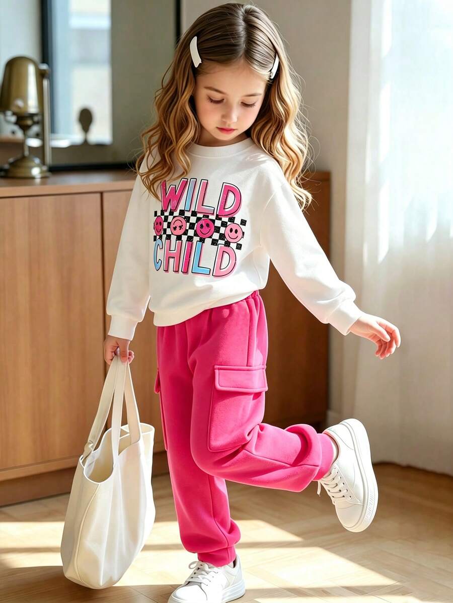 Young Girl Letter Print Crew Neck Sweatshirt And Cargo Sweatpants Casual Set - White - View 1