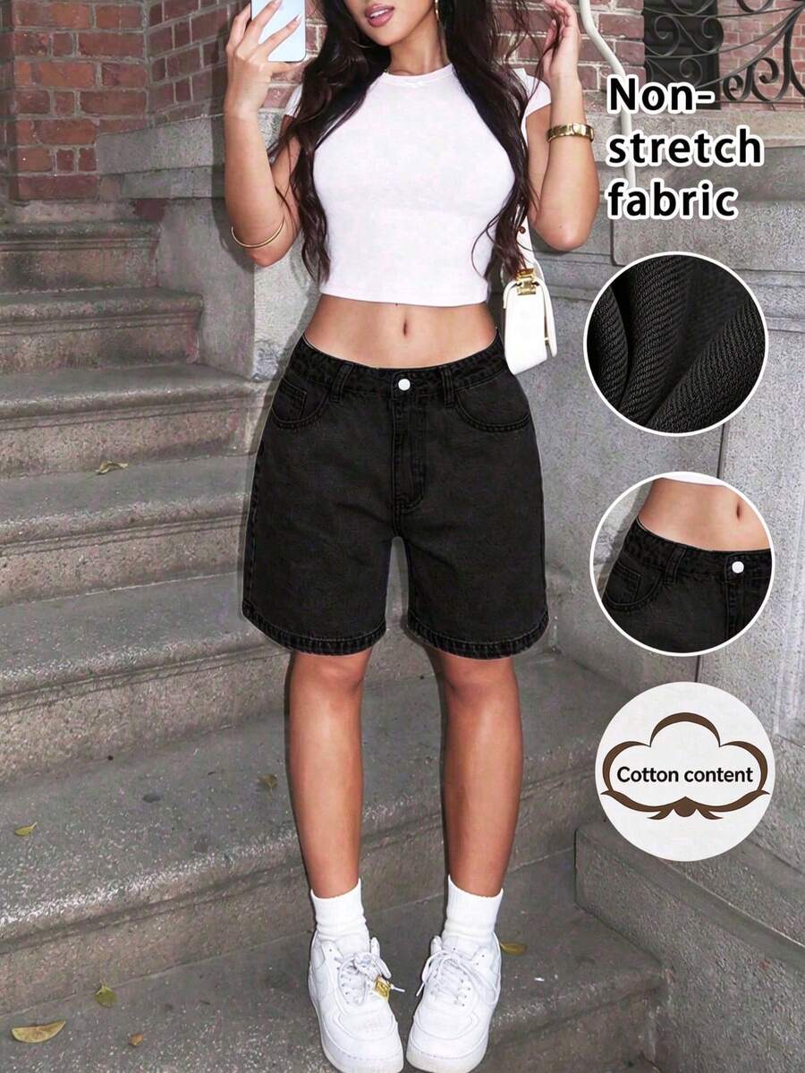 Women's Black Bermuda Denim Shorts, Simple & Fashionable, Suitable For Summer Casual Wear