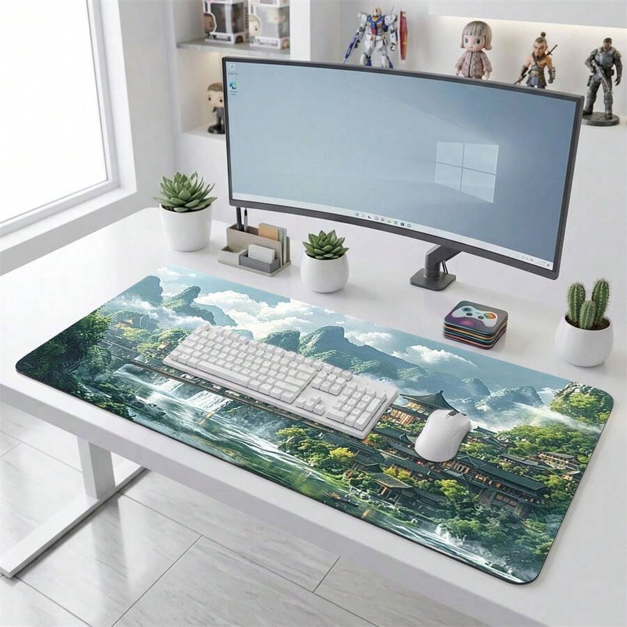 Classical Mountain & Forest Architecture Pattern Gaming Mouse Pad, Non-Slip Rubber Desktop Mat, Smooth Gliding Surface, Suitable For PC Laptop Office Home, Oriental Abstract Art Decor, Back To School Supplies - B - View 1