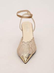 Women's Gold Toe Elegant Lace Ankle Strap High Heel Pointed Toe Stiletto Sandals For Wedding, Prom, Evening Party - Brown - View 7