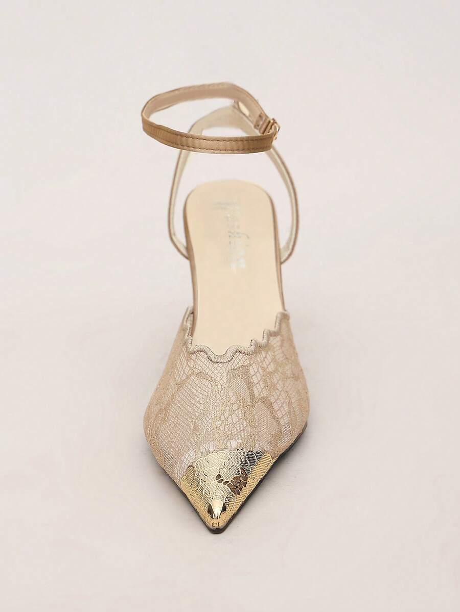 Women's Gold Toe Elegant Lace Ankle Strap High Heel Pointed Toe Stiletto Sandals For Wedding, Prom, Evening Party - Brown - View 1