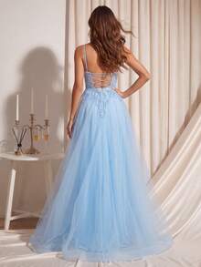 Spaghetti Strap Lace Prom Dress, Banquet Dresses Elegant Fall Wedding Party - Mint Blue - View 3
