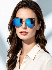1 Pair Women Classic Aviator Sunglasses, Silver Metal Frame Blue Reflective Lens, Fashion Pilot Eyeglasses, Summer Travel Daily Wear - Multicolor - View 6