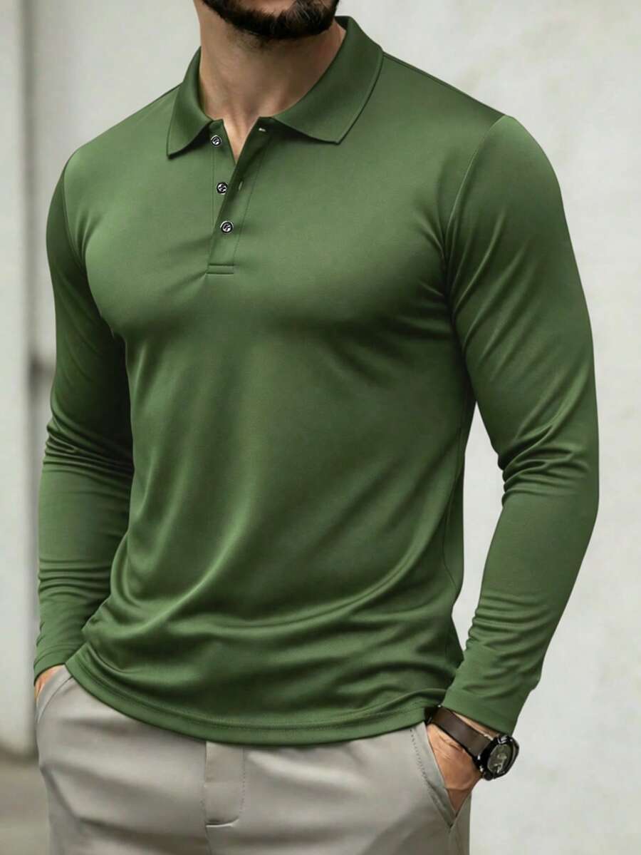 Men's Sports Long Sleeve Polo Shirt T-Shirt Suitable For Daily Wear, Commuting And Work - Army Green - View 1