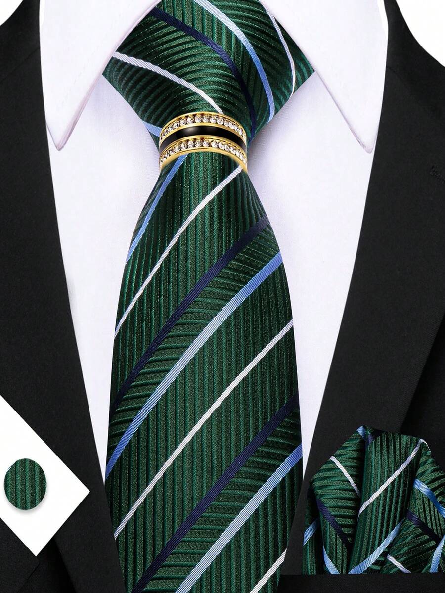 Men's Green Striped Tie Pocket Square Cufflinks Ring 4Pcs Set, Cufflinks Random Pattern, Wedding Business Suit Accessories - Green - View 1