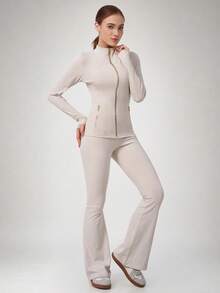 NcmRyu Women's One Set Solid Color Small Stand Collar Side Pocket Zipper Thumbhole Long Sleeve Jacket High Waist Flared Yoga Pants Set - Beige - View 6