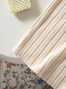 2pcs/Set Girls Autumn/Winter Fashion Elegant Knit Ribbed Patchwork Ribbed Pearl Decor Inner Layer Knee-Length Spaghetti Strap Dress - Apricot - View 6
