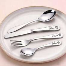 Personalized 4-Piece Stainless Steel Cutlery Set - Customizable Engraving, Cute Bear Pattern, Romantic Couple Gift, Suitable For Daily Use, Anniversary Gift, Wedding, Silverware Set - Multicolor - Valentine's Day - View 9