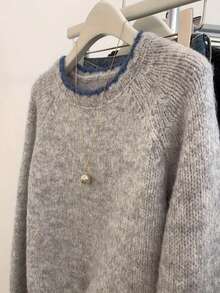 Elegant Colour Block Crew Neck Jumper For Women Soft Warm Knit Pullover Long Sleeve Winter - Light Grey - View 5