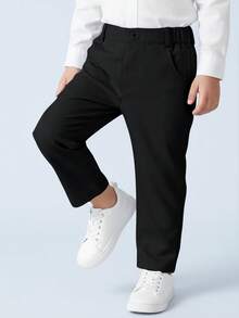 BOARNSEORL Young Boy Black Elastic Waist Long Pants, Solid Color Casual And Comfortable For Spring And Autumn Daily Wear - Black - View 1