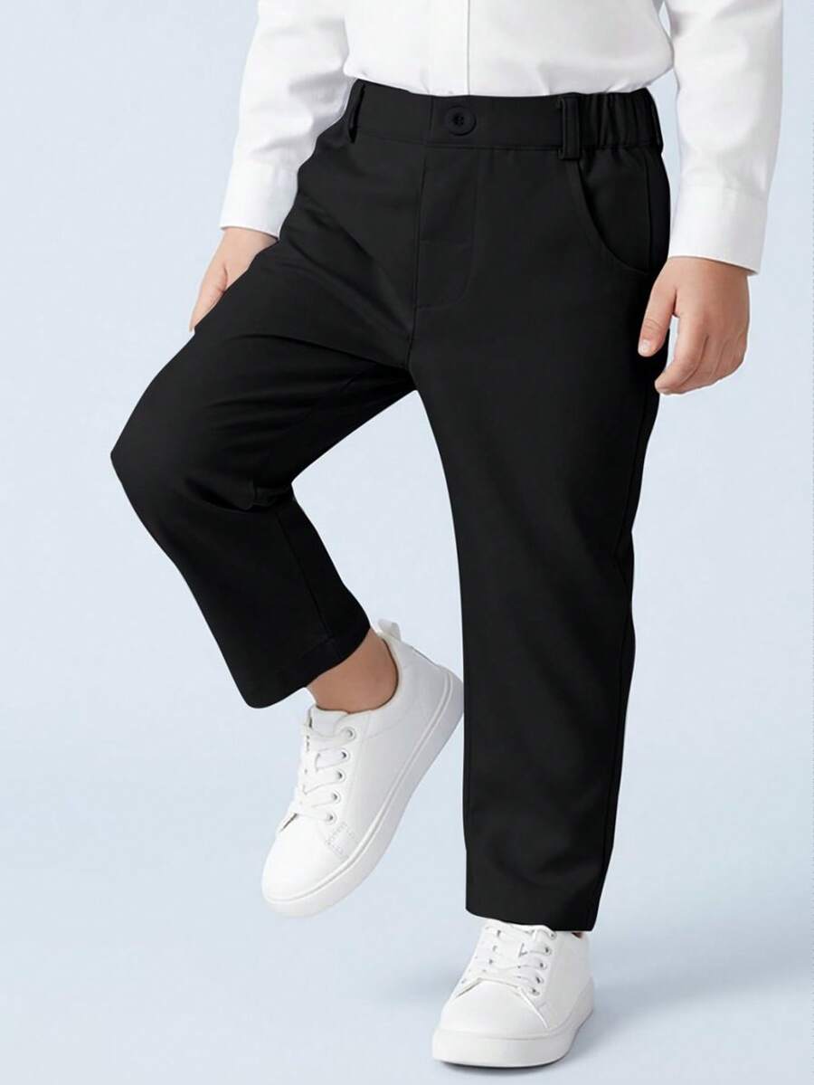 BOARNSEORL Young Boy Black Elastic Waist Long Pants, Solid Color Casual And Comfortable For Spring And Autumn Daily Wear - Black - View 1