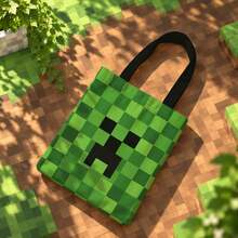 Mattel Minecraft Creeper Tote Bag, Green Pixel Block Canvas Shoulder Bag, Reusable Casual Handbag Gift For Minecraft Game Fans, Halloween Gift - Multicolor - View 3