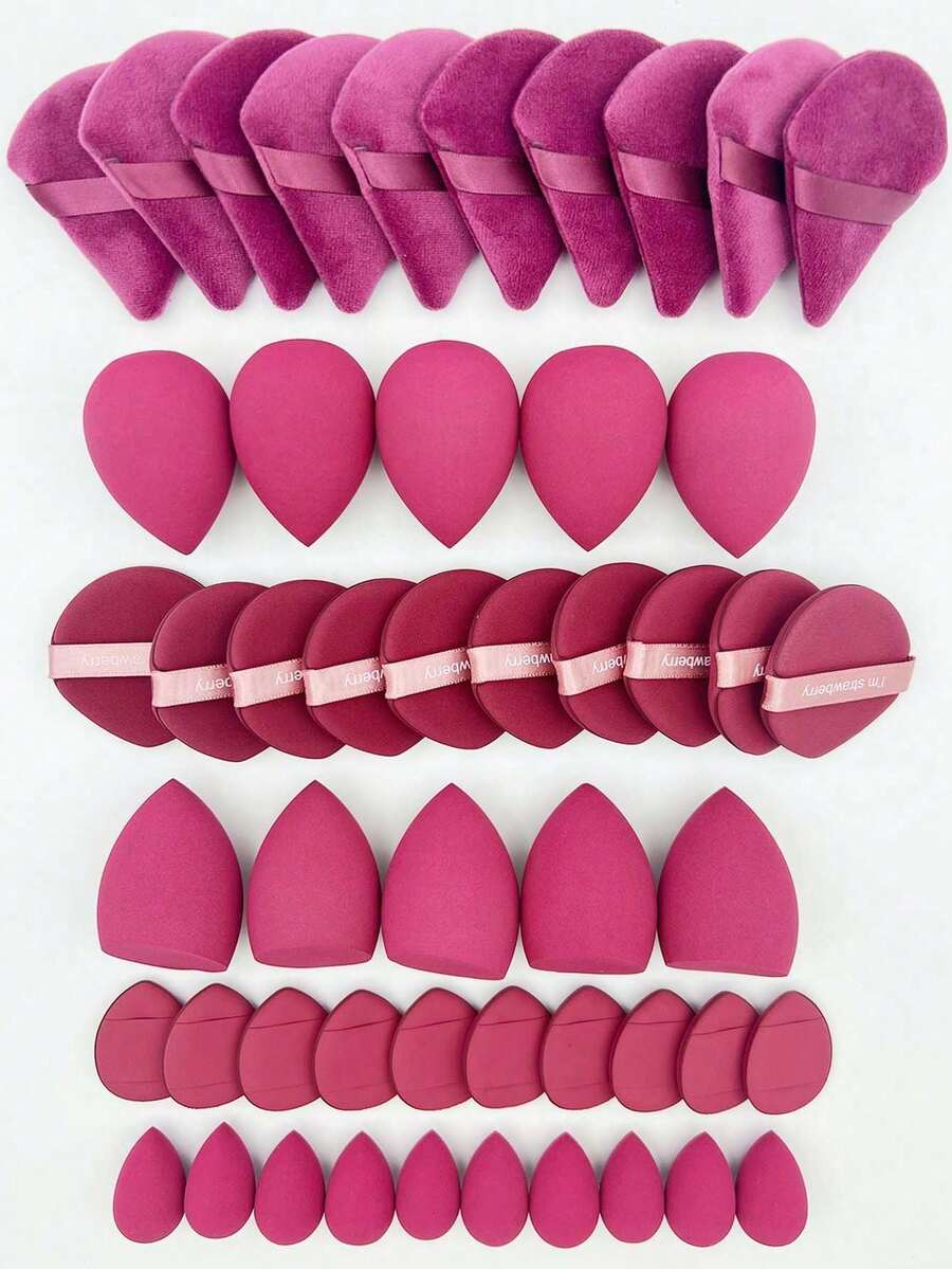 50pcs All-In-One Makeup Tool Set, Randomly Sent Soft Makeup Sponges, Mini Sponges, Triangle Powder Puffs, Cushion And Mini Cushion Powder Puffs, Suitable For Foundation, Concealer, Loose Powder And Setting Makeup, Dual-Use Dry And Wet Makeup Application Tools, Women's Daily Makeup Accessories - Hot Pink - View 1