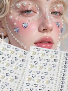 2pcs White Heart Pearl Face Gem Stickers, Self-Adhesiv AB Love-Shaped Rhinestone & Simulation Pearl Jewel Decals, DIY Face Body Hair Eye Decorations For Music Festival, Party, Masquerade - Multicolor - View 2