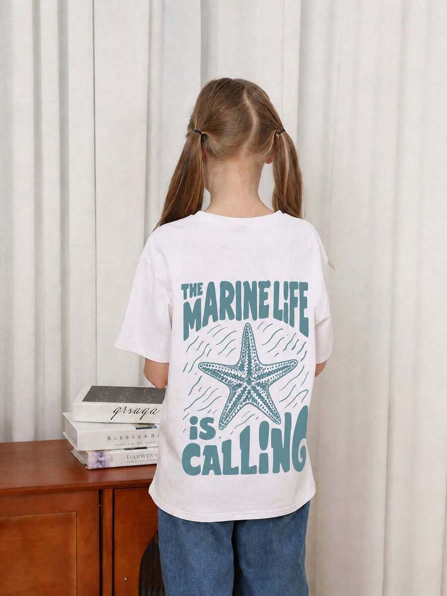 Teen Girl Turtle & Alphabet Print Round Neck Short Sleeve T-Shirt, Casual Summer Top - White - View 1