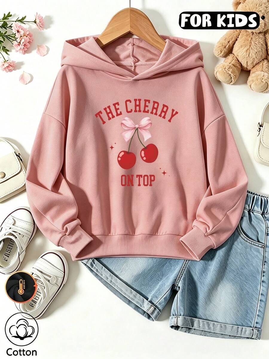 Teen Girls Cute Cherry Bow Pattern Sweatshirt, Girls Fruit Print Pullover Sweatshirt - Nude Pink - View 1