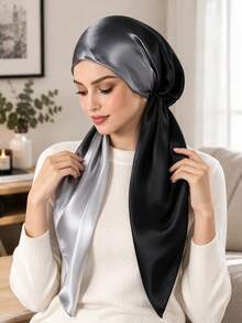 1PC Women's Fashion Gradient Print Headscarf Hat, Luxury Smooth Glossy Slouchy Wear Instant Hijab, Suitable For Daily Use - Black and Gray - View 2