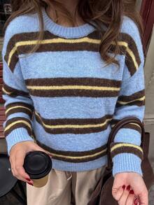 Comfortable Women's Striped Pullover Sweater, Light Blue Knit Long Sleeve Top, Suitable For Autumn/Winter Wear - Baby Blue - View 4