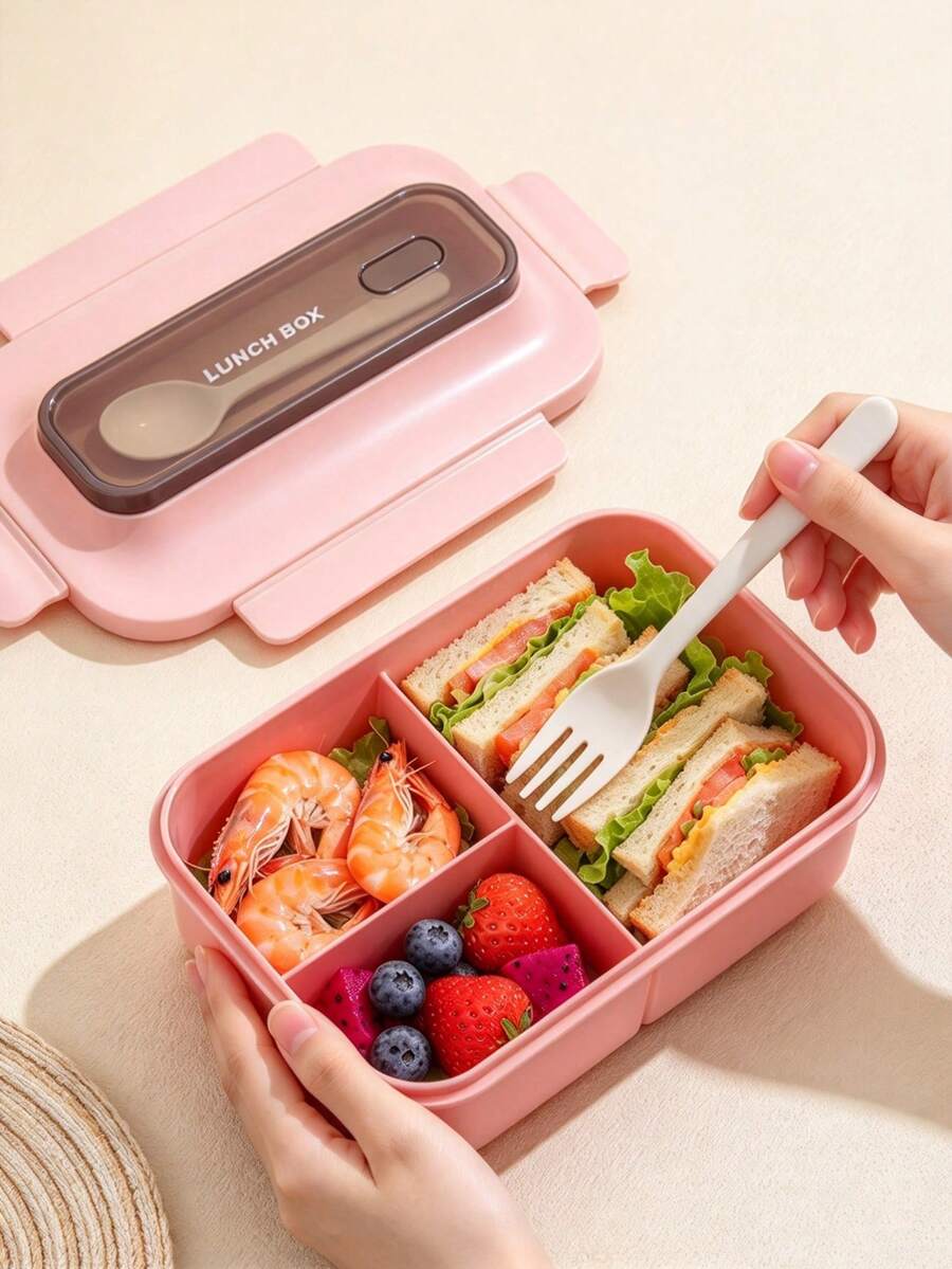 1pc Lunch Box, Square 3-Compartment Bento Box With Utensils, Portable Leak-Proof Sealed Lunch Box, Square Microwave , Suitable For Students And Office Workers Back To School