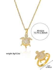 Gold Rotating Turtle Necklace And Adjustable Ring Set, Sparkling Rhinestone Turtle Women's Jewelry - Multicolor - View 6