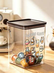 可愛杯子貓與「Coffee Cat」字母圖案咖啡收納盒，氣密塑膠食品容器，大容量，防塵防潮，廚房檯面咖啡站收納架，裝飾性，廚房檯面收納，咖啡愛好者禮物 - 彩色 - 查看 5