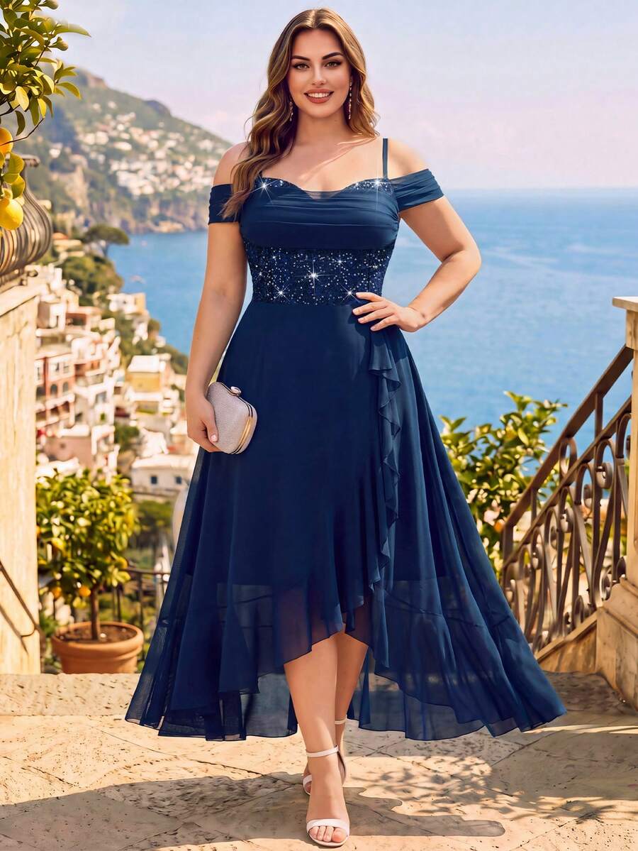 Plus Size Elegant Cold Shoulder Sequin Floral Lace Bodycon Dress With Ruffle Mesh Hem, Formal Party Gown For Wedding, Birthday, Homecoming Dance - Navy Blue - View 1