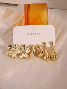 6-18pcs Women's Earring Set, Including Five-Petal Flower, Water Drop, Pumpkin Seed Water Drop, Pendant Pumpkin, Smooth C-Shape And Other Designs, Fashionable Earrings Suitable For All-Year Wear - Gold - View 2