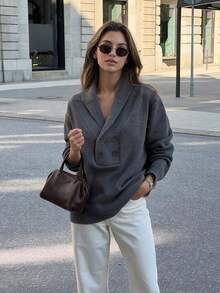 Women's Oversized Lapel Double-Breasted Knit Sweater, Dropped Shoulder Long Sleeve Loose Pullover - Grey - View 6